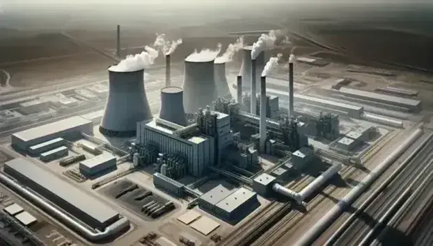 Vista aerea di una centrale a carbone con silos, torre di raffreddamento con vapore, ciminiera fumante e strutture industriali in un'area arida.