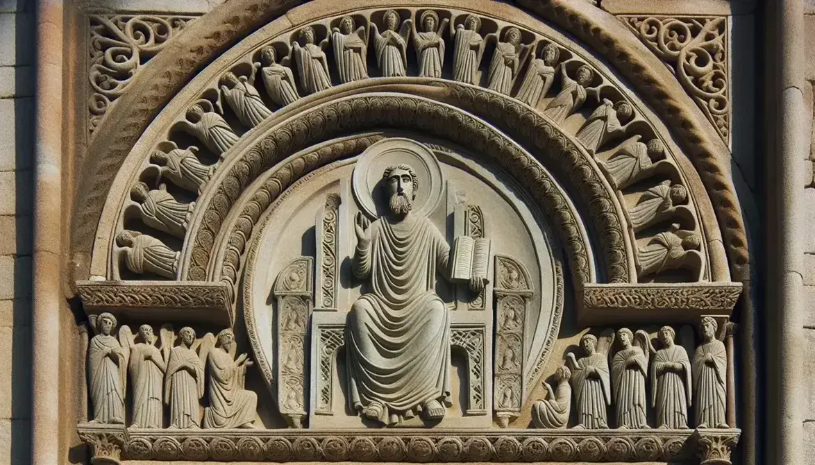 Tímpano románico con figura central en relieve, posiblemente un santo, rodeado de personajes menores y detalles ornamentales en piedra erosionada.