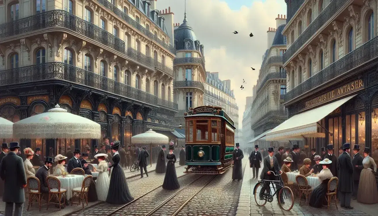 Scena vivace di una strada parigina durante La Belle Époque con persone eleganti, tram a cavalli, caffè all'aperto e auto d'epoca.