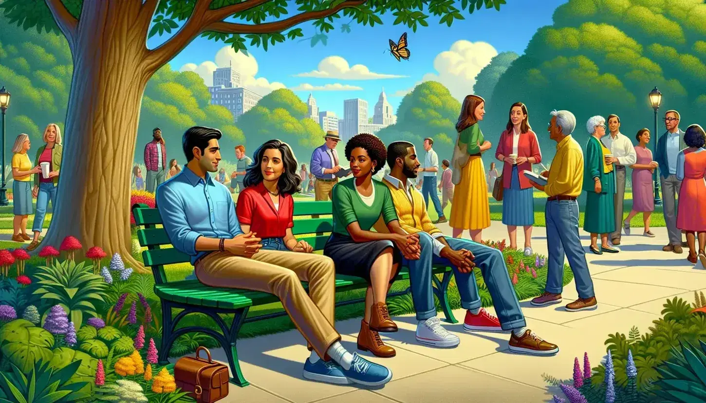 Lively park with different people: Caucasian man and African American woman sitting on bench, group under tree and couple walking.