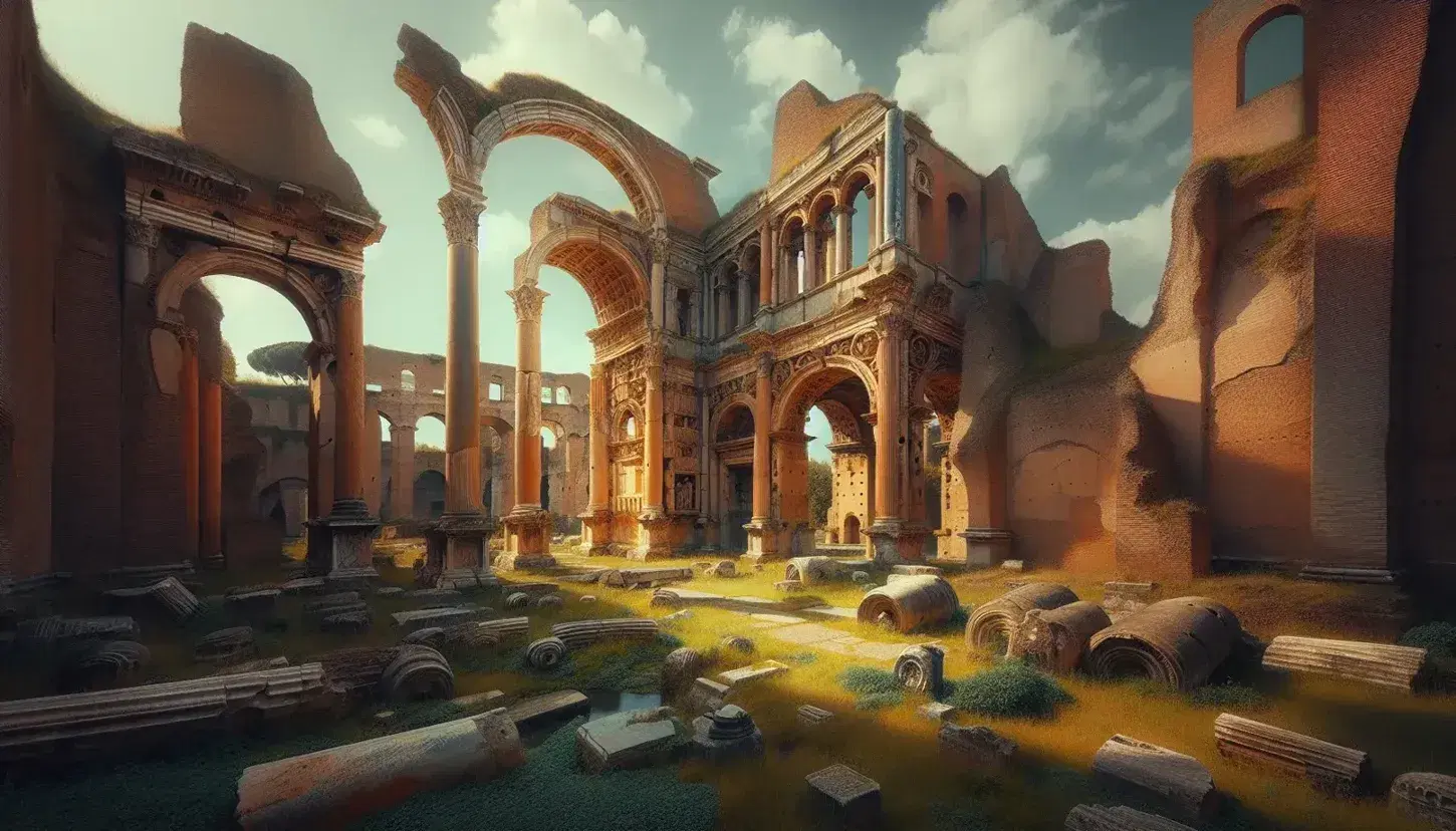 Ruinas de la Basílica de Majencio en Roma con columnas ocre y arcos monumentales bajo un cielo azul, rodeadas de vegetación verde.