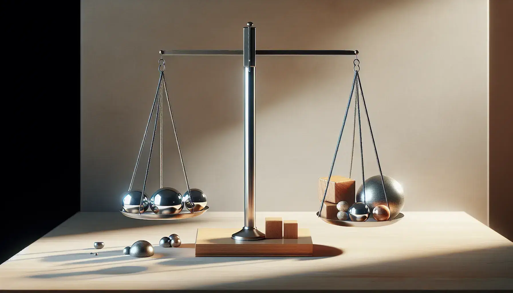 Bilance a bracci con sfere metalliche, cubi di legno e pietre levigate su tavolo chiaro, equilibrio e precisione in primo piano.