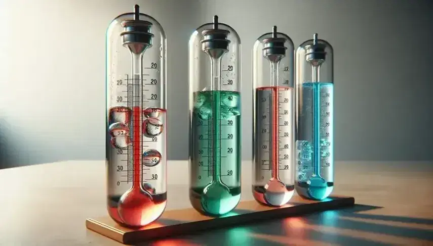Tre termometri a vetro con liquidi colorati indicano diverse temperature: uno in ghiaccio con liquido rosso, uno a temperatura ambiente con liquido verde e uno in acqua bollente con liquido blu.