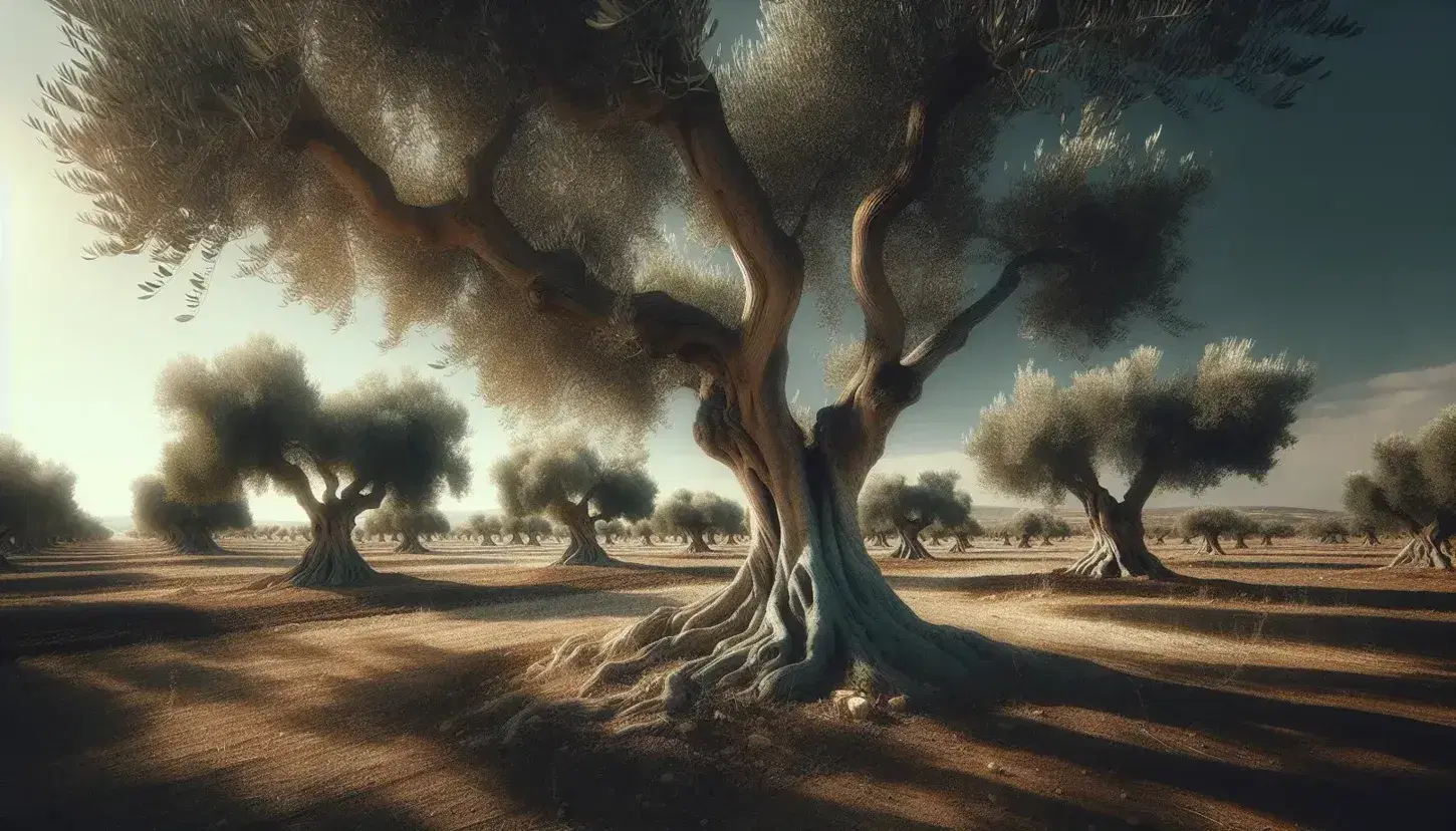 Sun-drenched field of gnarled olive trees with silvery leaves under a clear blue sky, casting shadows on the dry Mediterranean soil.