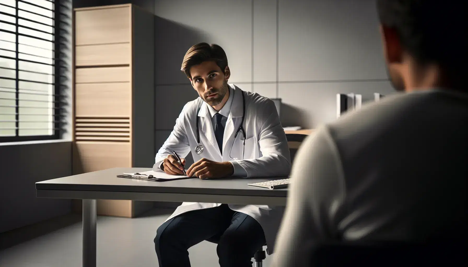 Doctor en consulta médica concentrado revisando historial clínico con estetoscopio y teclado sobre escritorio en oficina iluminada.