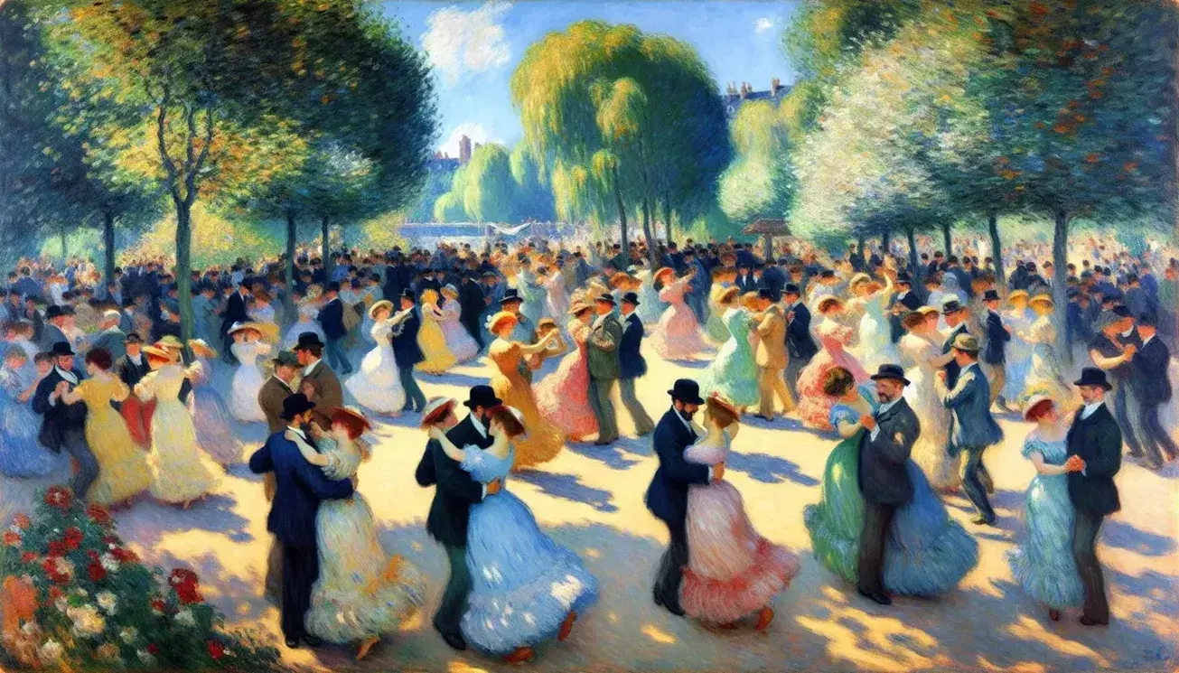 Scena impressionista di una festa all'aperto con coppie che ballano sotto un baldacchino di alberi, in abiti pastello e luce solare filtrata.