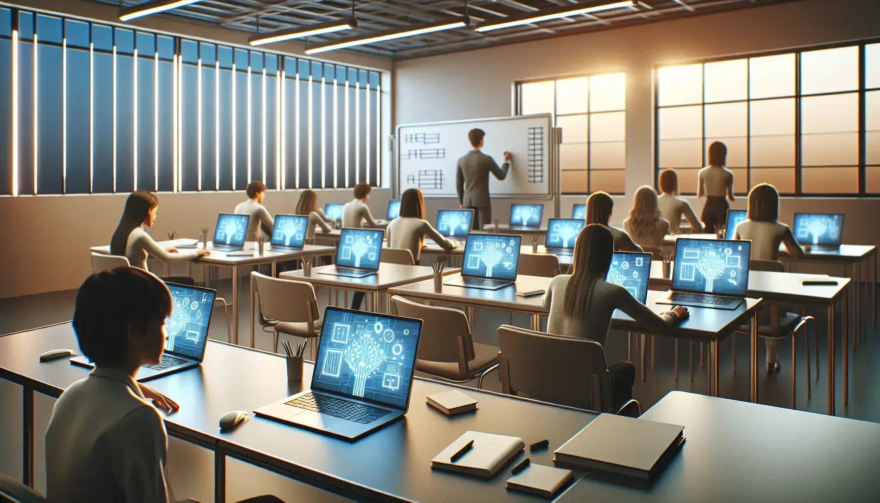 Modern classroom with students focused on laptop, teacher next to empty white board, natural light from large windows.