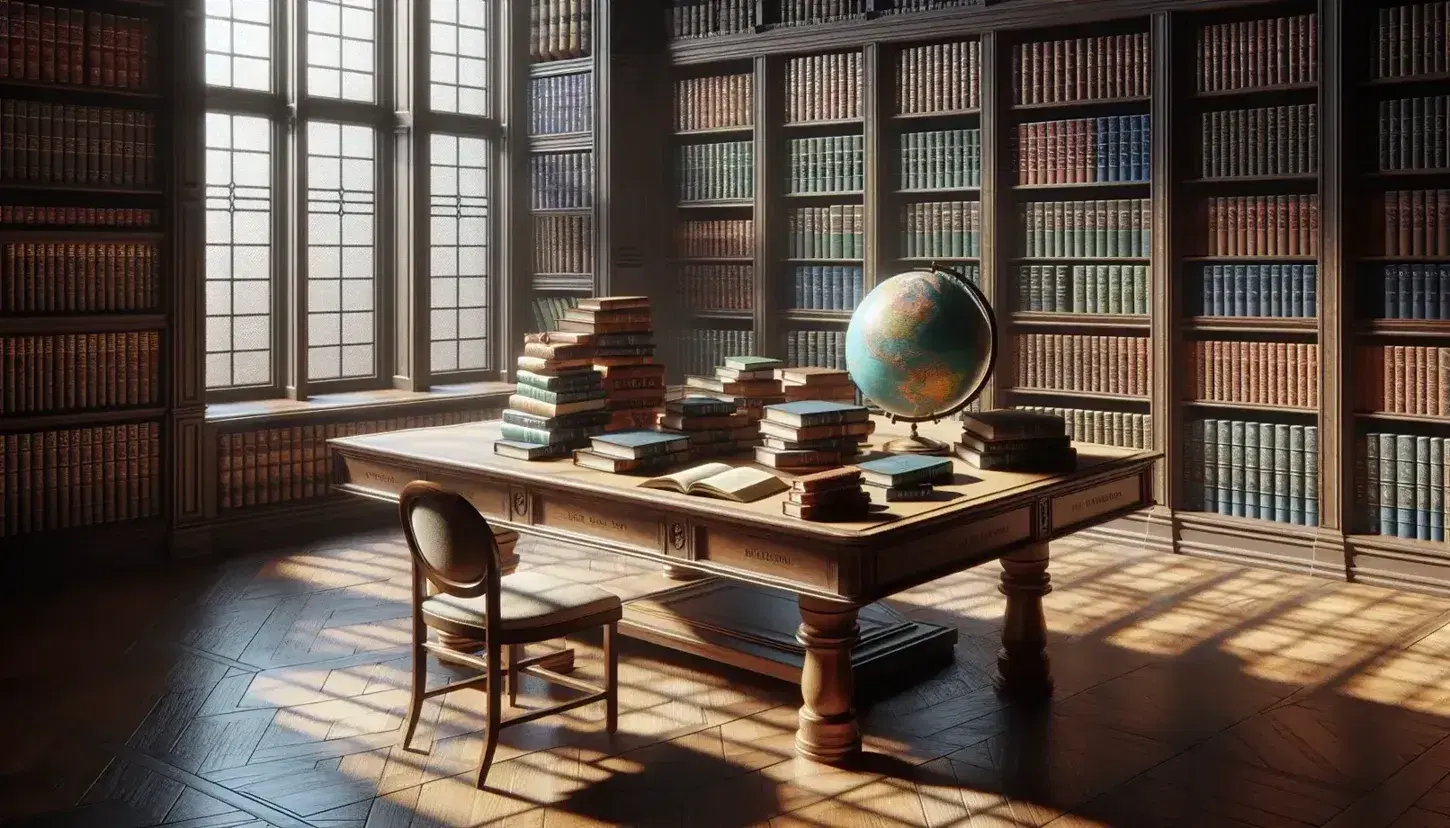 Biblioteca iluminada con estanterías de madera oscura llenas de libros, mesa central con libros abiertos y un globo terráqueo, ventana grande y silla con cojín beige.