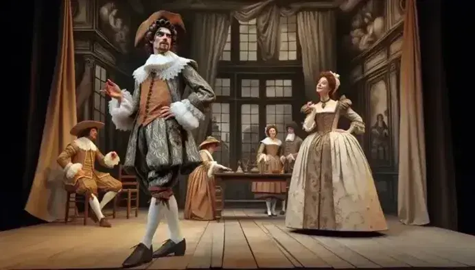 17th-century French theatre scene with actors in period costumes on a stage, audience in foreground, and a painted backdrop of a grand room.