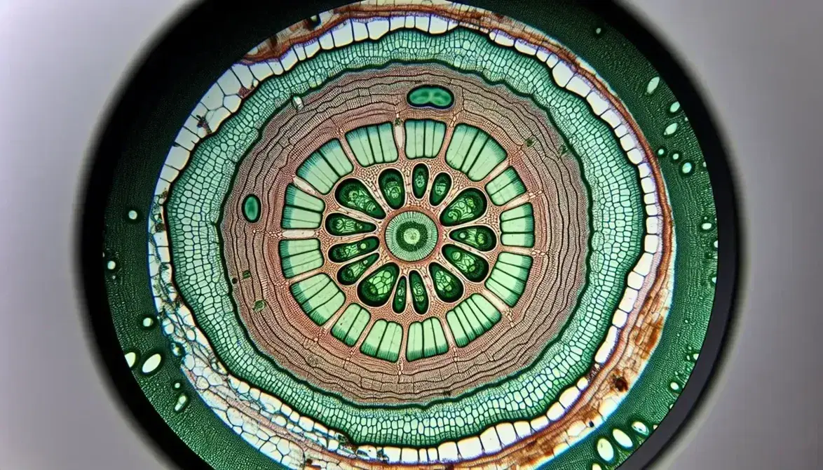 Corte transversal microscópico de tallo de planta mostrando tejido vascular con xilema y floema, corteza, epidermis y estomas en tonos verdes y marrones.