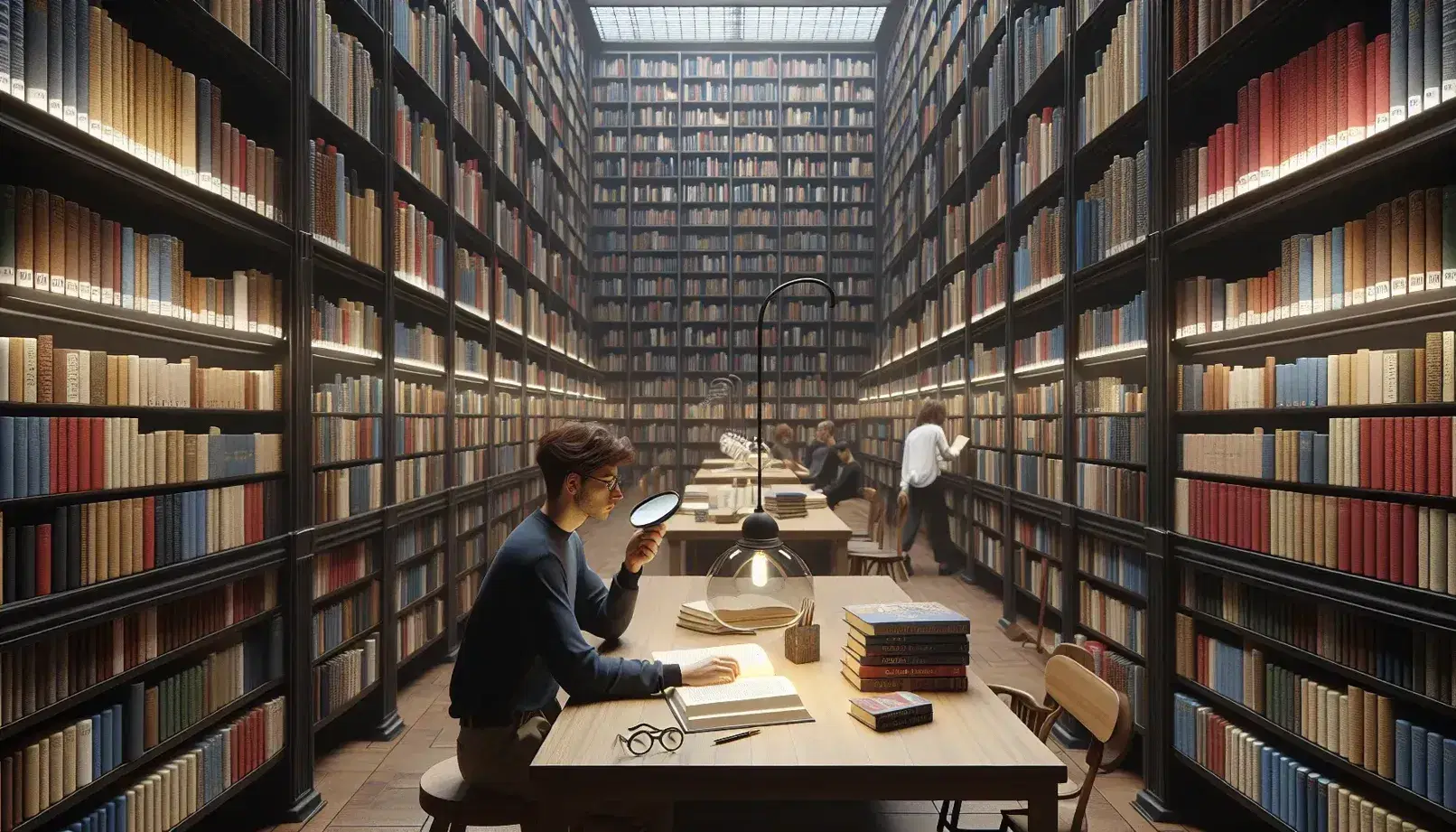 Biblioteca pubblica con scaffale di legno scuro pieno di libri colorati, persona che legge con lente d'ingrandimento e altra che cerca libri.