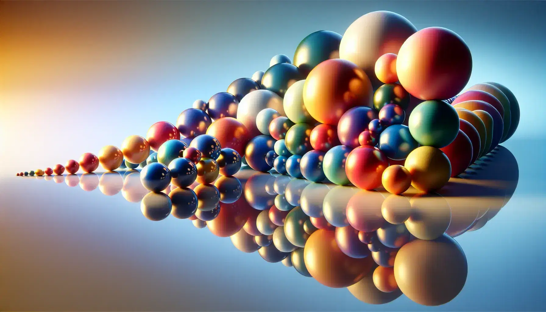 Esferas de colores cálidos y fríos en distintos tamaños sobre superficie reflectante con efecto espejo, iluminación superior y fondo degradado azul a blanco.
