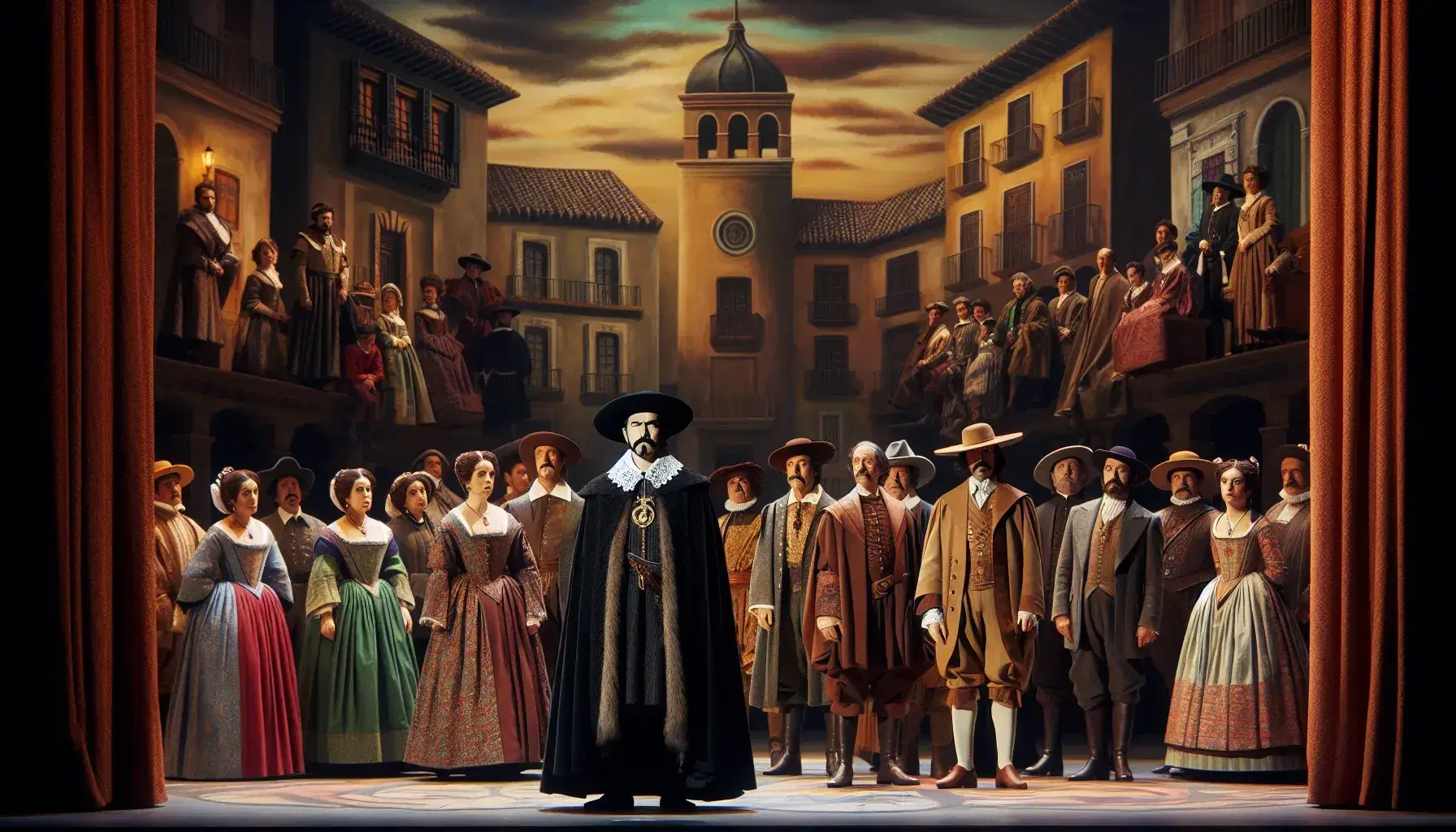 Escena teatral del Siglo de Oro español con personajes en vestimenta de época y un hombre central que parece un alcalde, en una plaza renacentista al atardecer.