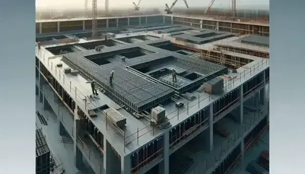 Operai in cantiere installano solai prefabbricati in calcestruzzo su travi d'acciaio, con attrezzature e cielo sereno sullo sfondo.