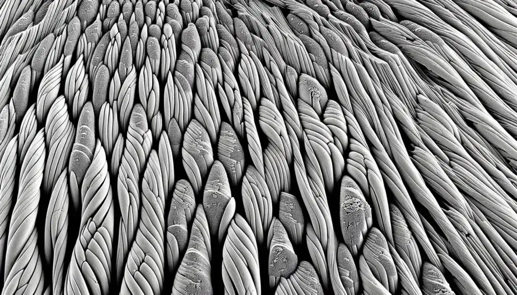 Fibras musculares esqueléticas humanas bajo microscopio electrónico mostrando su estructura estriada con bandas transversales en tonos de gris.