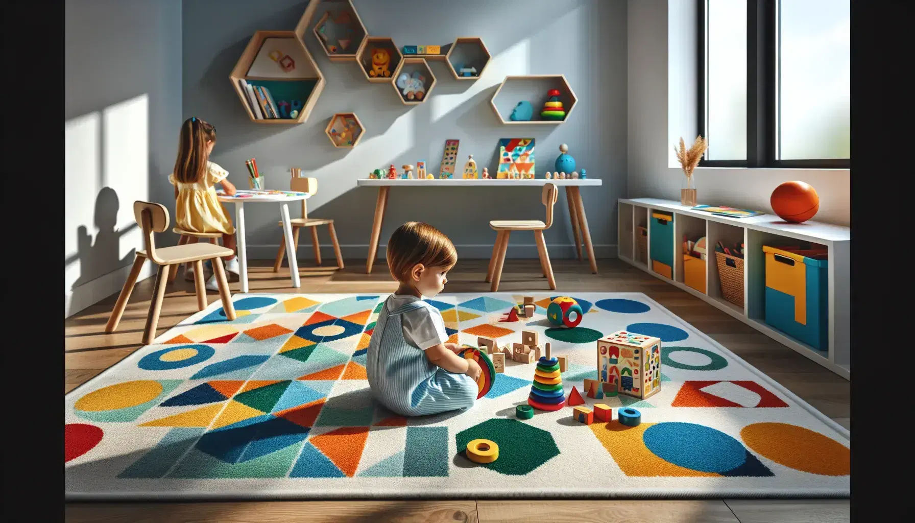 Sala de juegos infantil con alfombra colorida, juguetes educativos, niño pequeño en mono azul y niña dibujando en mesa, profesional observando.