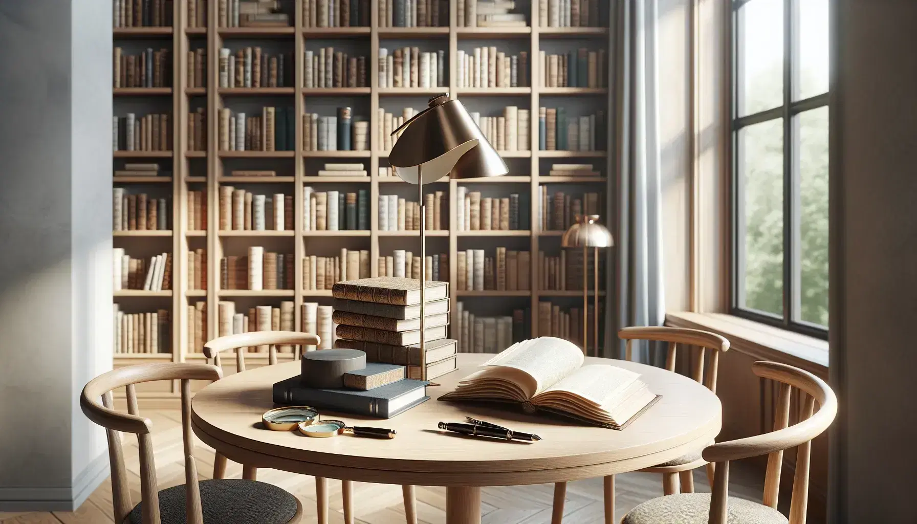 Biblioteca acogedora con estanterías de madera llenas de libros, mesa redonda con libros abiertos, lupa y pluma, iluminada por lámpara de pie y ventana con vista a árboles.
