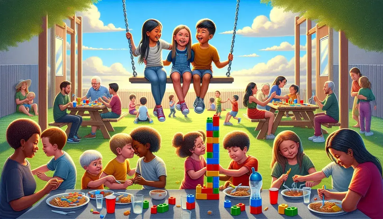 Bambini di diverse etnie giocano in un parco giochi: alcuni sull'altalena, altri costruiscono una torre con blocchi colorati, adulti e bambini fanno picnic sullo sfondo.