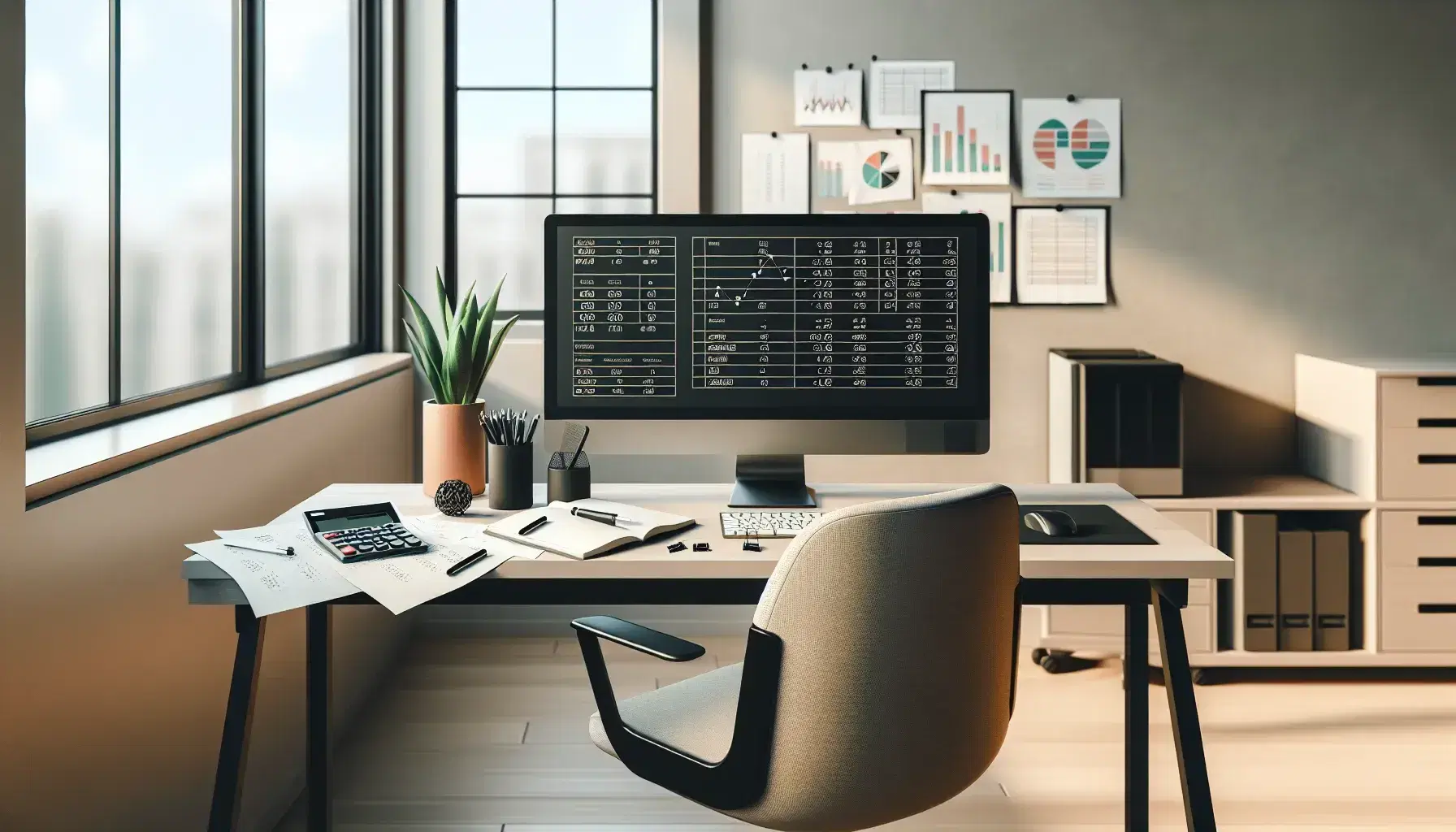 Oficina moderna y luminosa con escritorio amplio, calculadora negra, papeles con gráficos, ordenador con dos monitores y silla ergonómica.