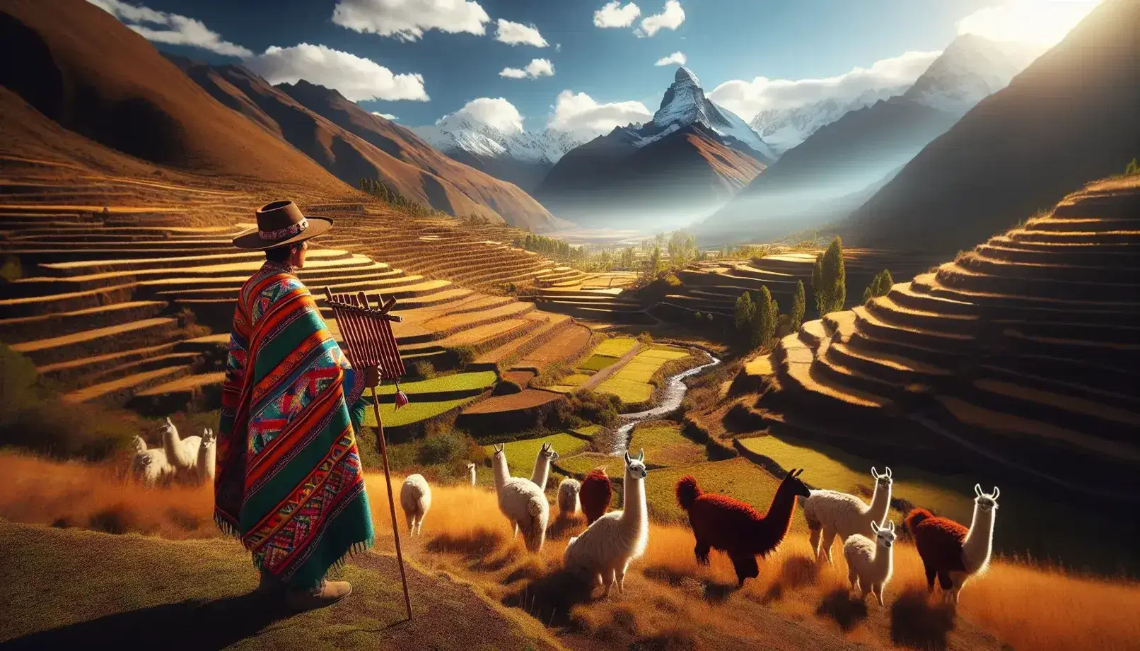 Paisaje andino con terrazas de cultivo, llamas pastando, montañas nevadas y persona en traje típico tocando quena bajo cielo azul.