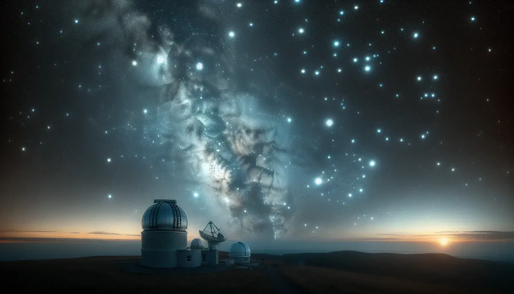 Cielo nocturno estrellado con la Vía Láctea sobre observatorio astronómico y siluetas de colinas y árboles.