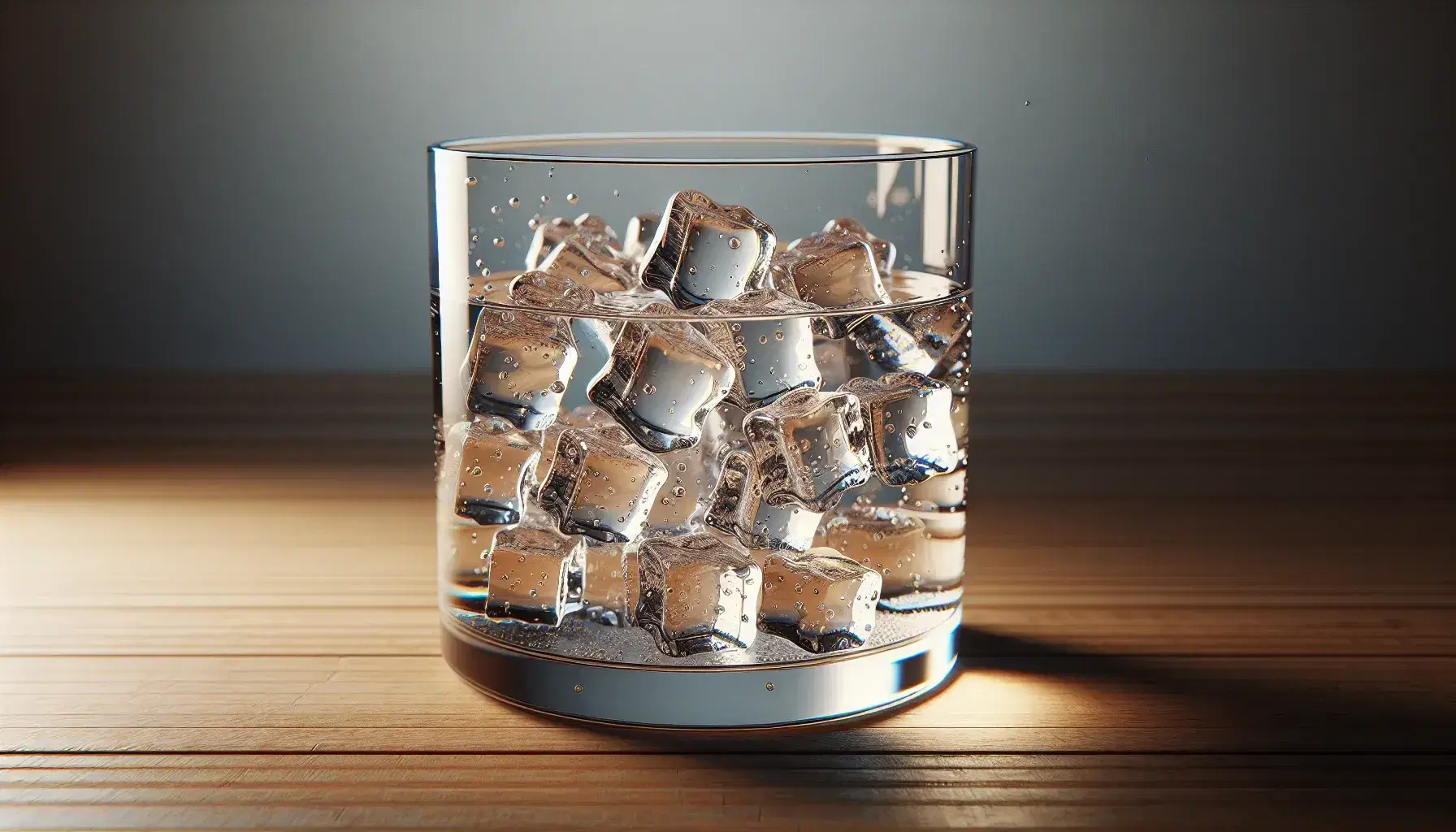 Transparent liquid in a glass beaker with floating ice cubes on a wooden surface, light refracting patterns, against a neutral gray background.