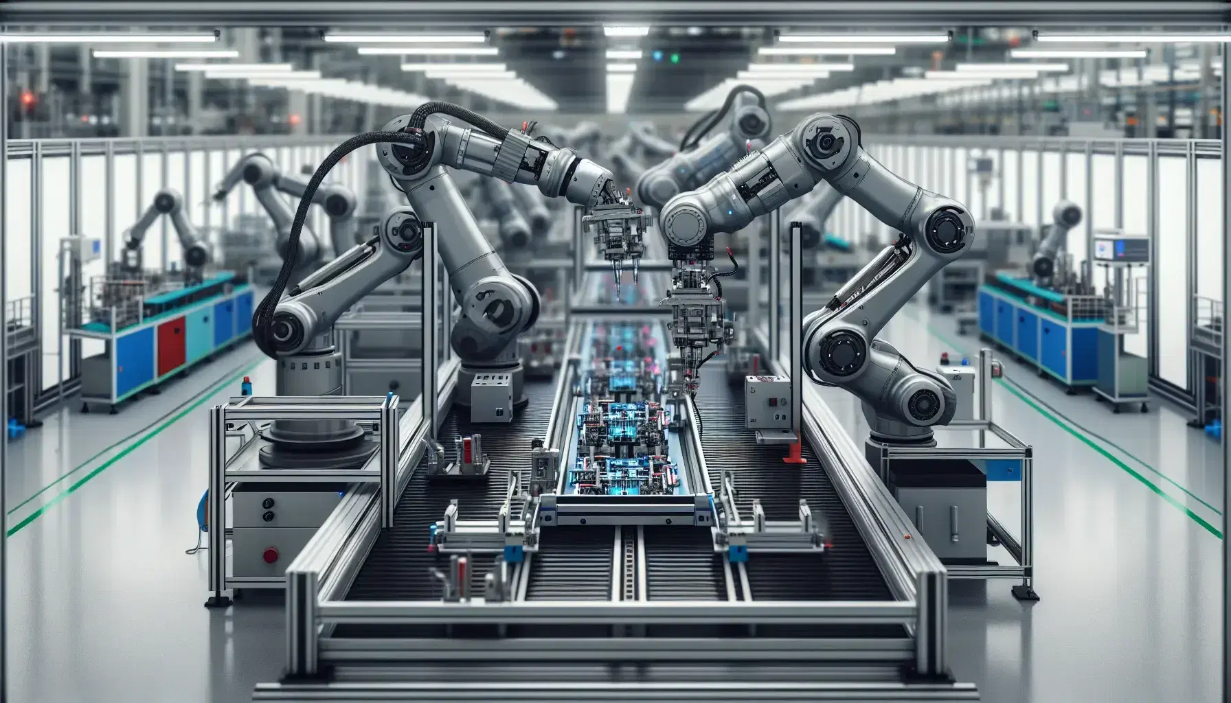 Línea de ensamblaje automatizada con brazos robóticos manipulando piezas de colores en una cinta transportadora, reflejando tecnología avanzada y precisión en un entorno industrial iluminado.
