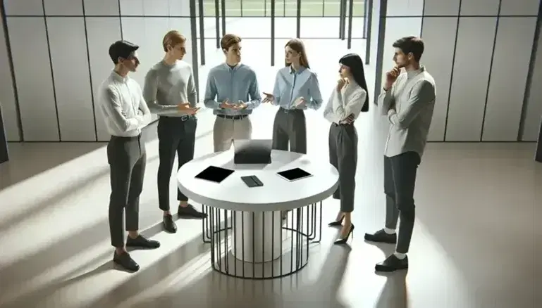 Grupo de cinco profesionales colaborando en una oficina moderna alrededor de una mesa con dispositivos electrónicos, en un ambiente iluminado y concentrado.