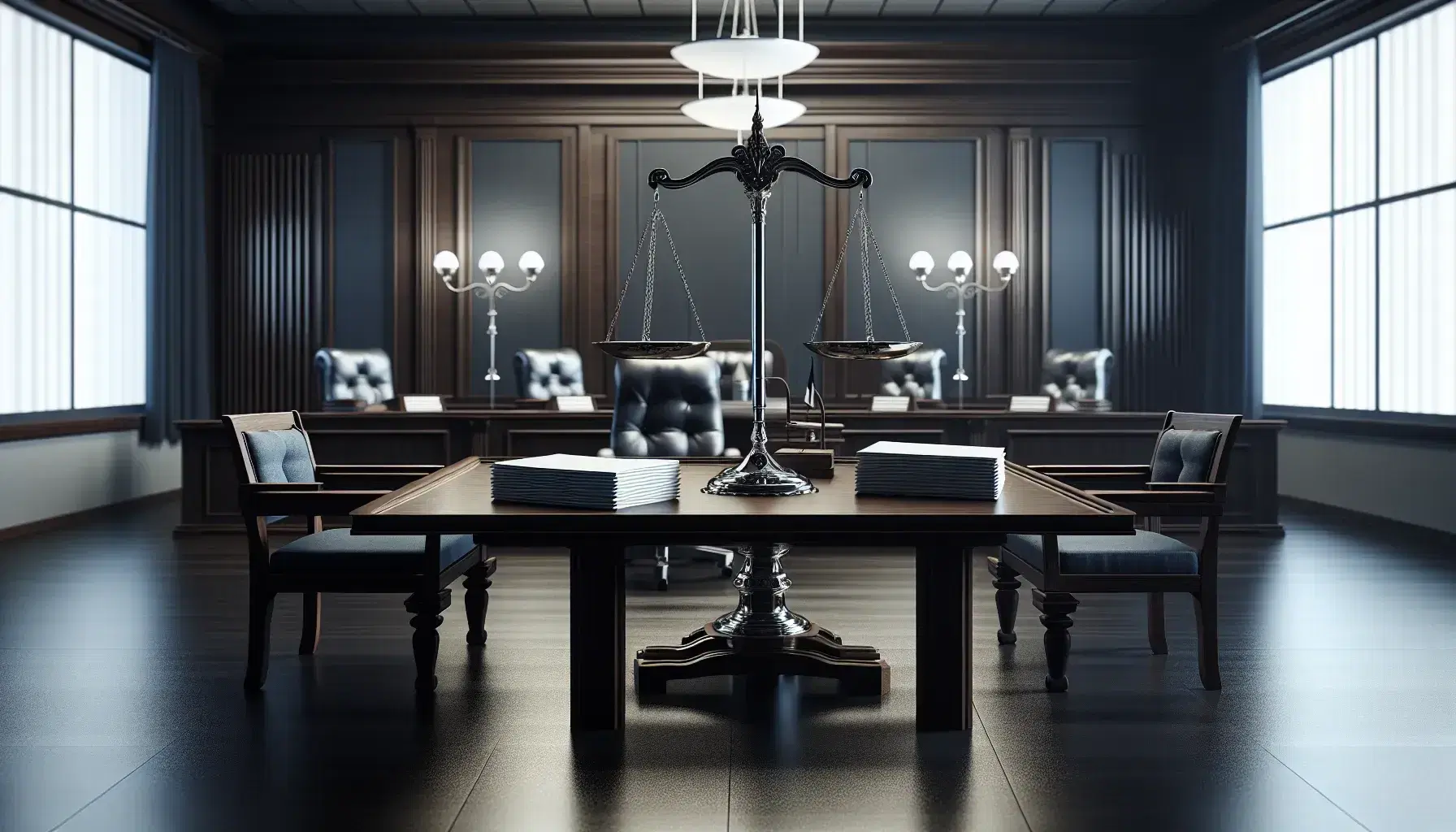 Escena de sala de juicio con mesa de madera, documentos apilados, balanza de la justicia y silla de juez en fondo iluminado.