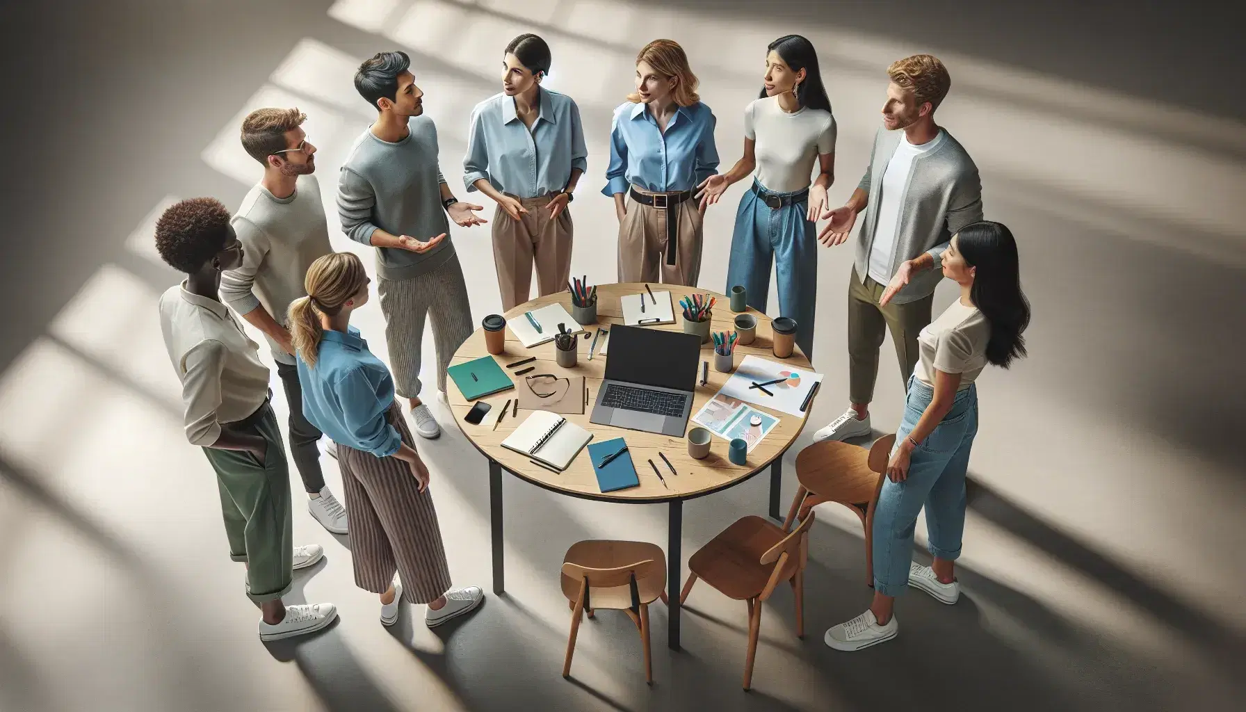 Grupo diverso de cinco personas colaborando alrededor de una mesa redonda con papeles, portátil y bebidas, en un ambiente de trabajo inclusivo y dinámico.