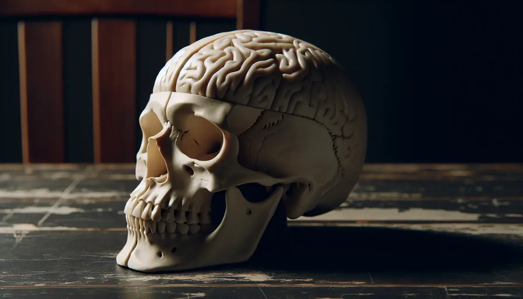 Modello anatomico dettagliato di cranio umano color avorio su tavolo scuro, vista posteriore con enfasi sull'osso occipitale e ombre morbide.