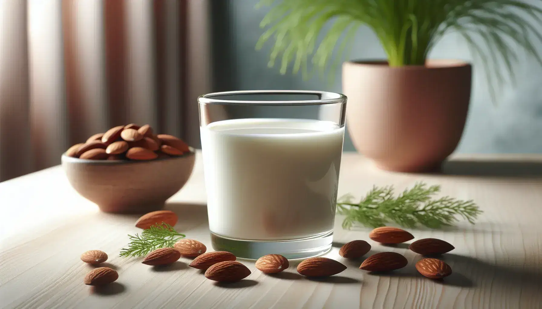 Vaso de leche lleno hasta el borde sobre superficie de madera clara con almendras marrones dispersas y planta verde en maceta terracota al fondo.