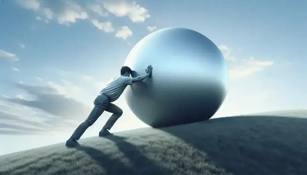 Uomo in abbigliamento casual spinge una grande sfera metallica su una collina erbosa sotto un cielo azzurro con nuvole sparse.