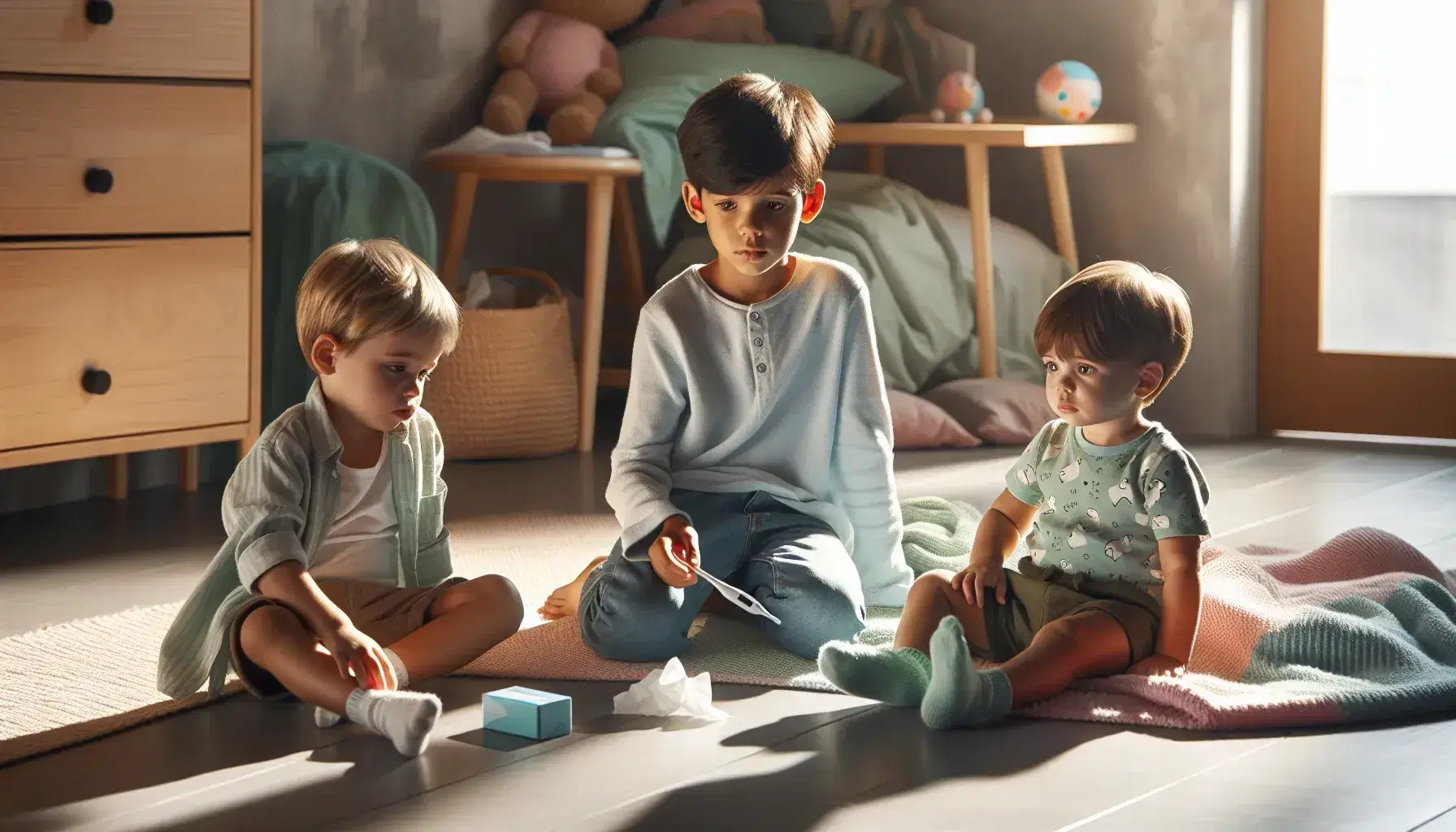 Tres niños sentados en el suelo, el mayor sostiene un termómetro mirando preocupado al más pequeño con compresa en la frente, en una habitación iluminada con juguetes y libros.