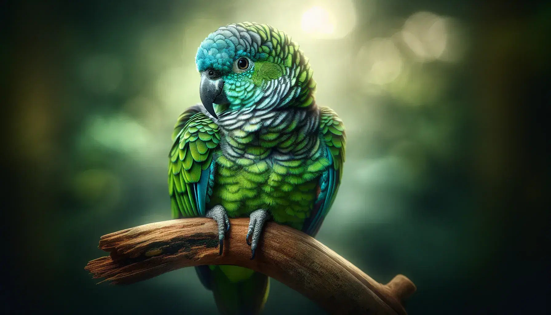 Loro con plumaje verde intenso, azul y amarillo posado en rama natural, con fondo desenfocado de vegetación, mirada atenta y pico gris oscuro.