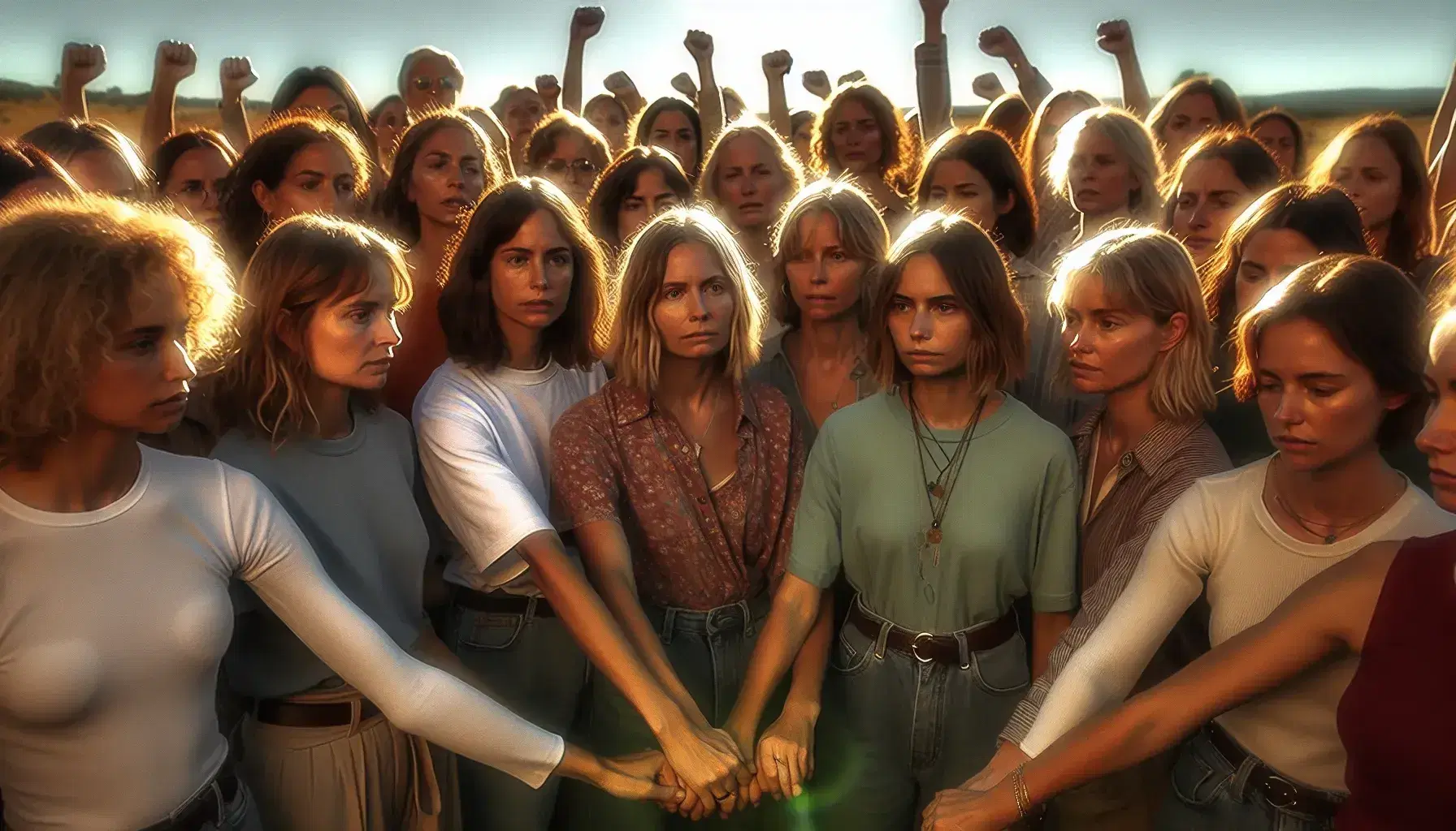 Gruppo eterogeneo di donne in cerchio tenendosi per mano all'aperto, simboleggiando solidarietà e forza collettiva sotto un cielo azzurro.