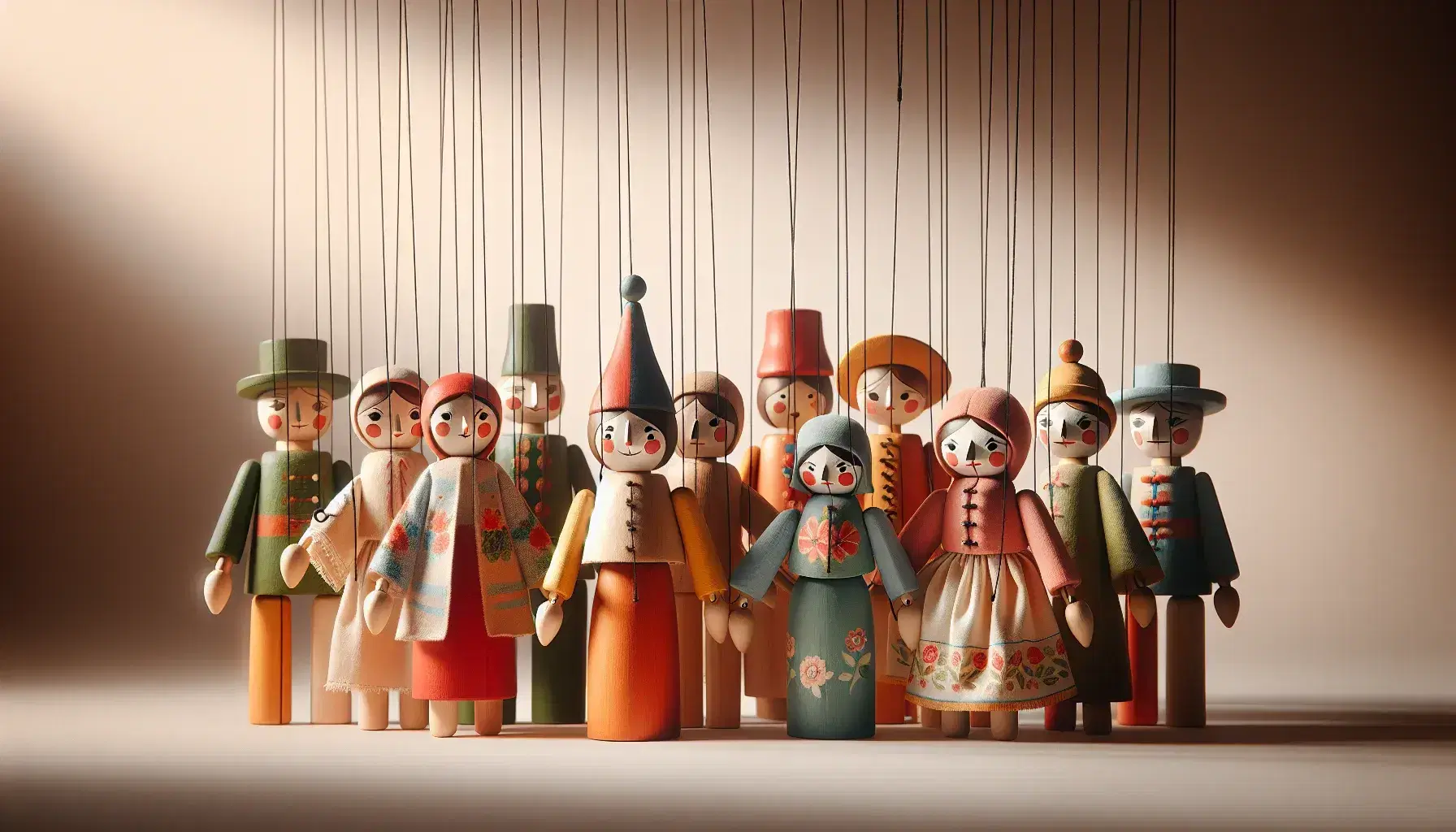 Grupo de cinco marionetas de madera coloridas en formación semicircular, con la central más grande y sombras suaves en fondo claro.
