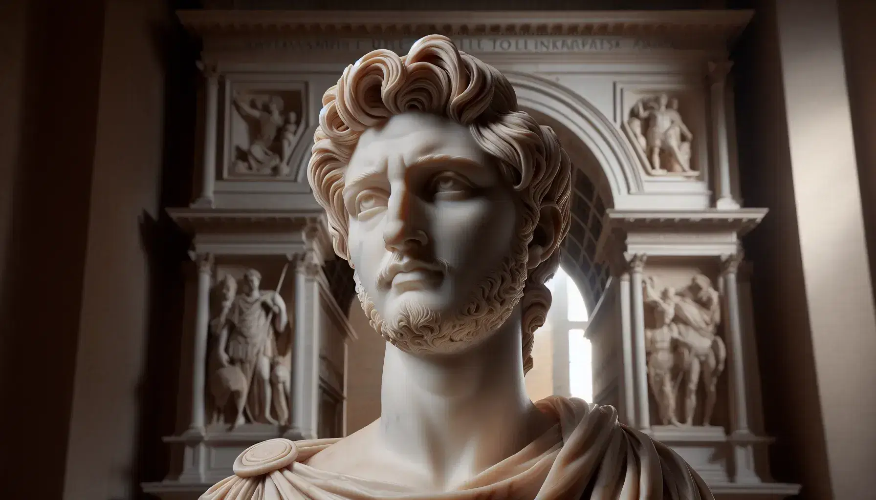 Statua in marmo bianco di figura storica con dettagli accurati e sfondo sfocato di arco trionfale romano.