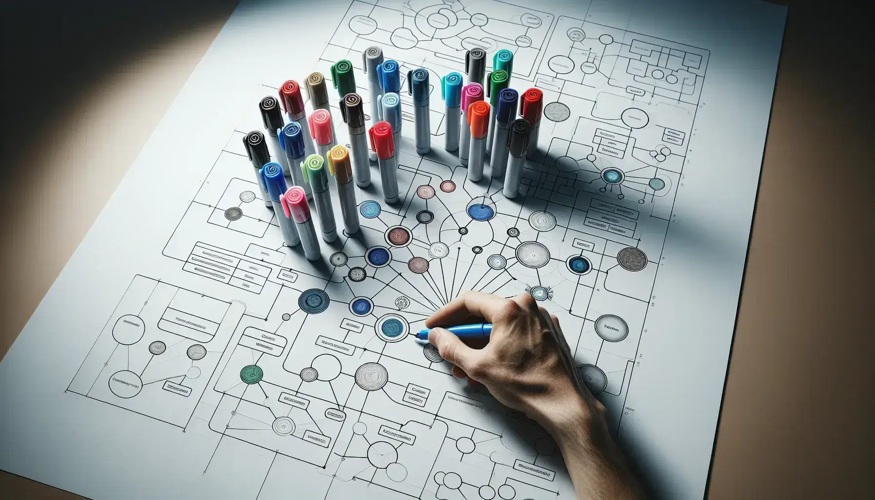 Mano seleccionando rotuladores de colores sobre superficie blanca con organizadores gráficos vacíos, incluyendo mapas conceptuales y diagramas de flujo.