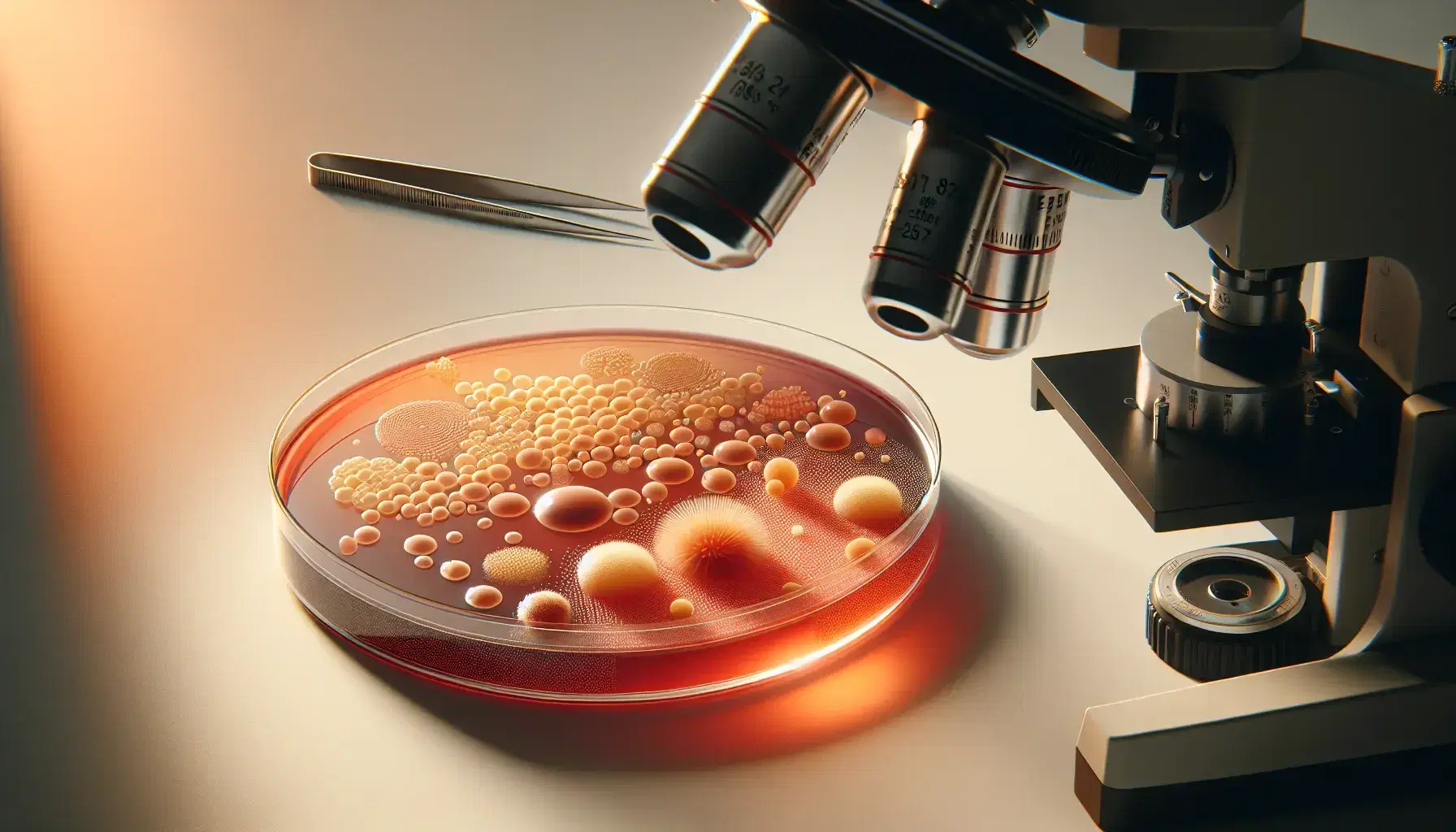 Placa de Petri transparente con medio de cultivo agar rojizo y colonias bacterianas de distintos tamaños y colores, pinzas de laboratorio y microscopio compuesto al lado.