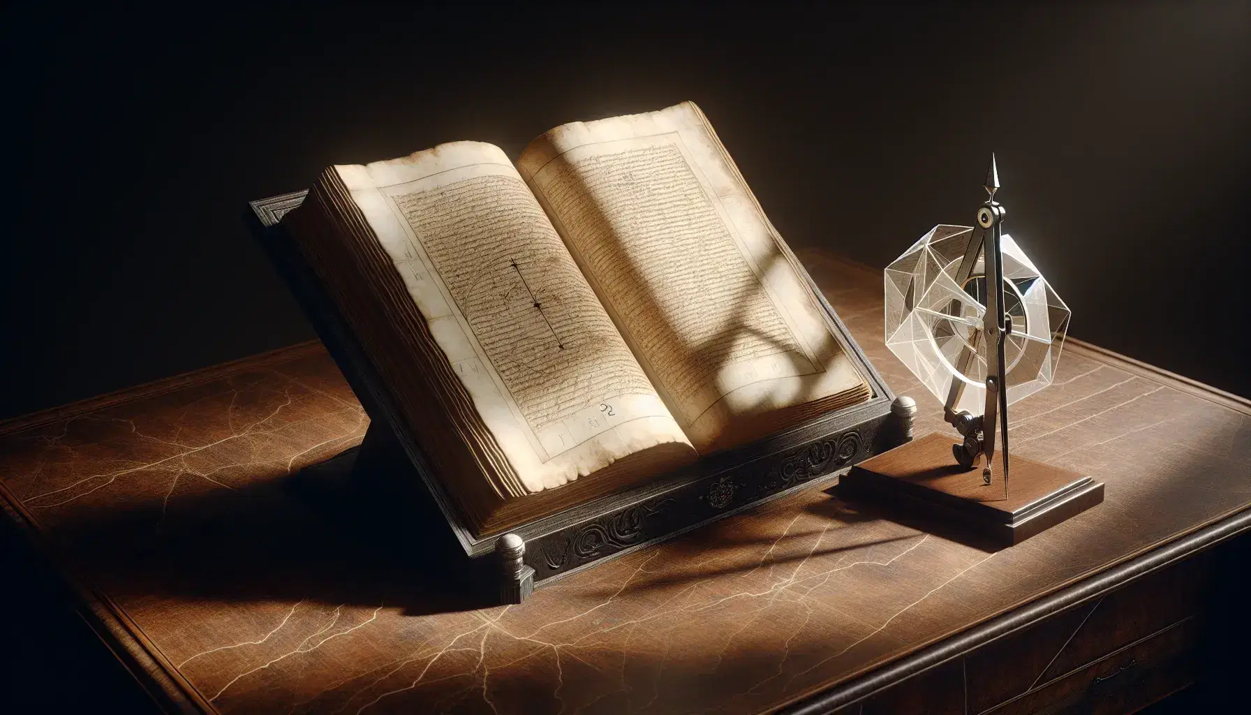 Manoscritto antico su leggio in legno scuro con modello di tetraedro in marmo, compasso metallico e sfera di cristallo su tavolo.