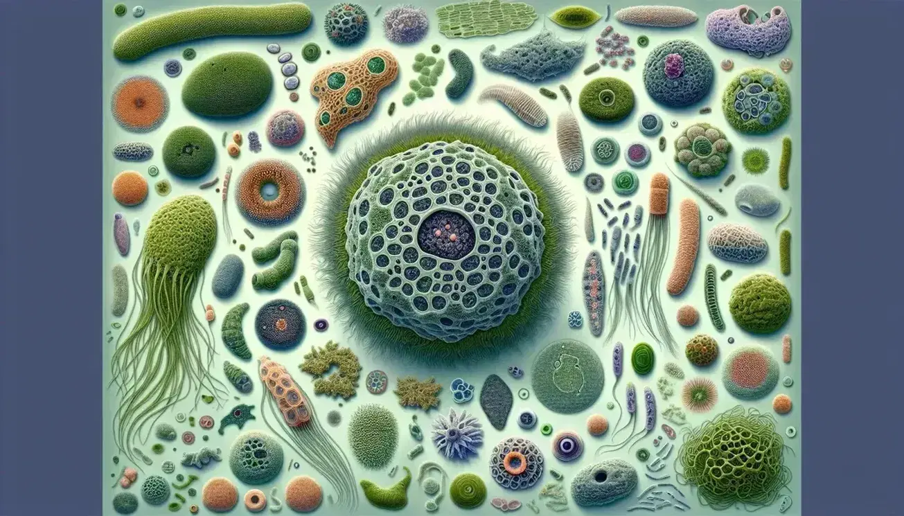Vista microscópica de células eucariotas y organismos unicelulares con núcleo oscuro, orgánulos internos, protozoos con flagelos y algas verdes en estructuras filamentosas.