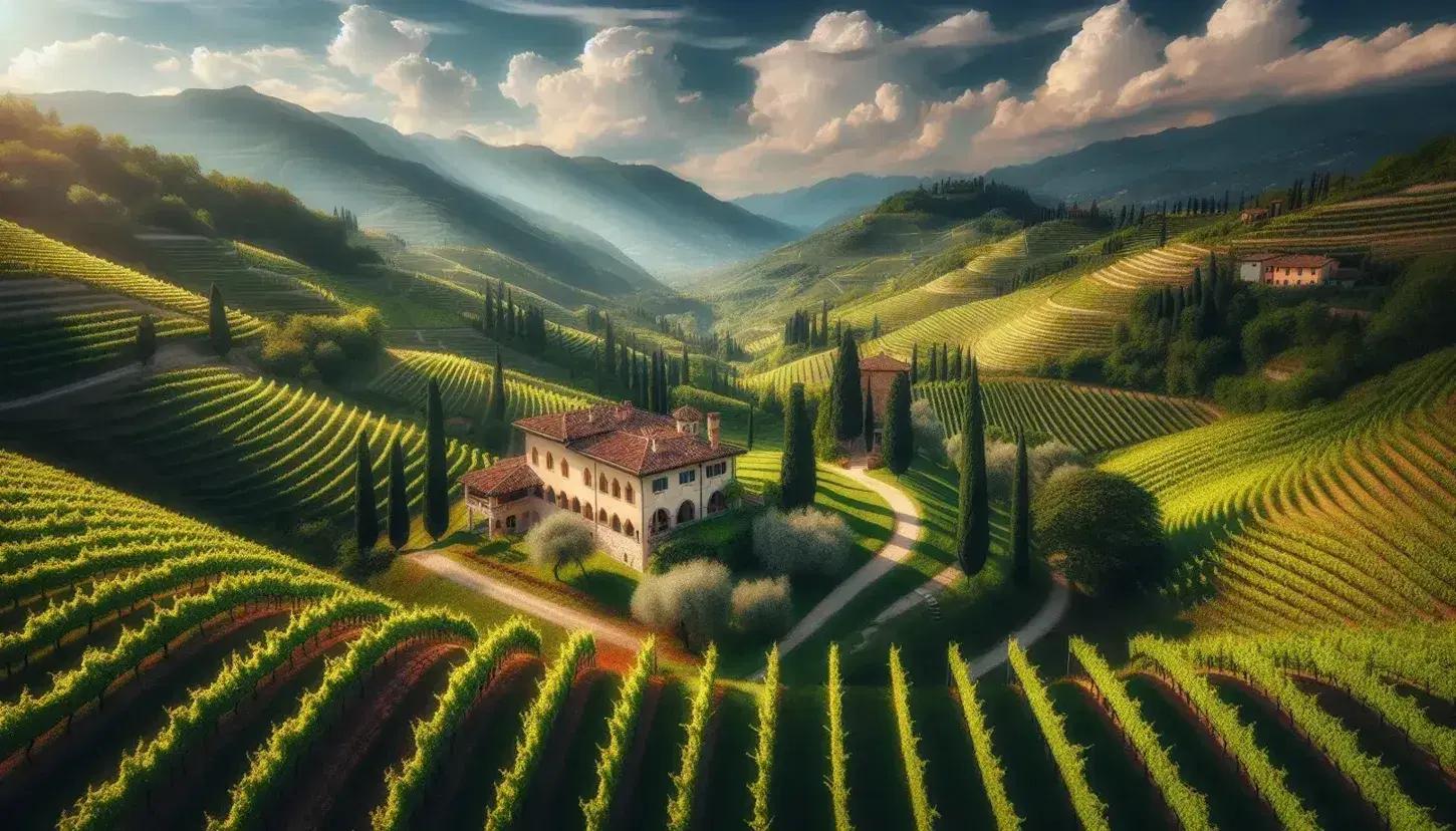 Vigneto ordinato in primo piano con villa veneta e giardino al centro, montagne sullo sfondo e ruscello in una scena collinare del Veneto.