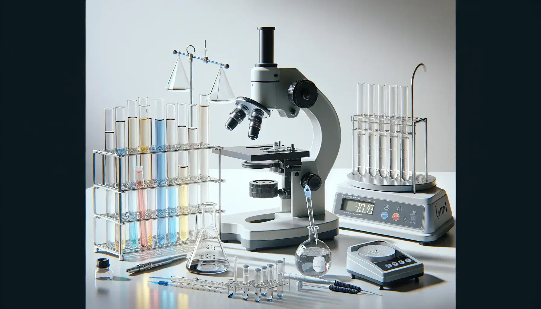 Laboratorio con microscopio negro y plateado, tubos de ensayo con líquidos de colores en estante y pipeta, balanza analítica y matraz Erlenmeyer al fondo.