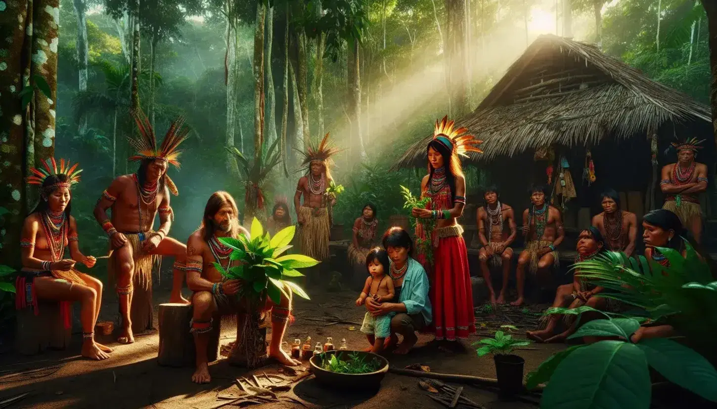 Comunidad indígena amazónica en ceremonia tradicional al aire libre, con vestimentas coloridas y tocados de plumas, rodeados de vegetación densa.