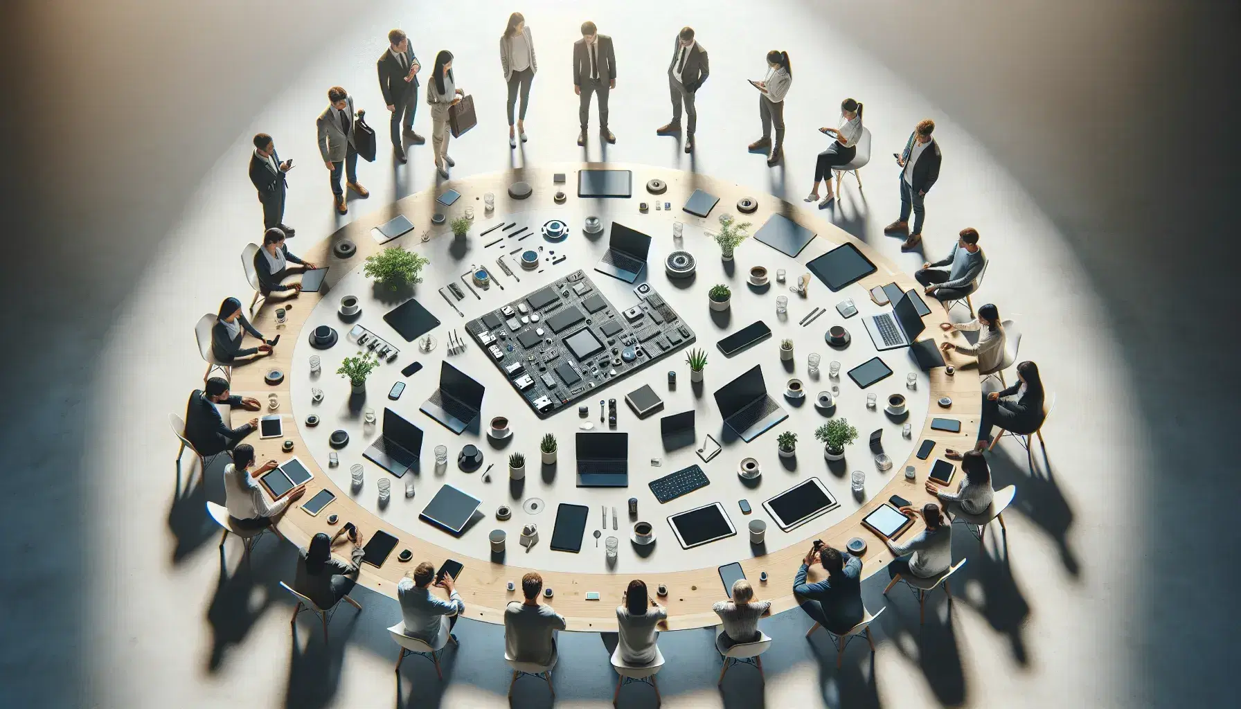 Grupo diverso de personas trabajando alrededor de una mesa redonda con laptops, tabletas, smartphones, tazas de café, vasos de agua y un prototipo electrónico.