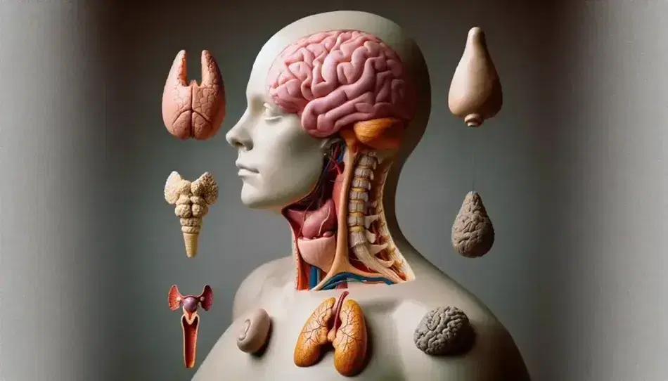 Modelo anatómico detallado de las glándulas endocrinas humanas, incluyendo cerebro con hipotálamo, hipófisis roja, glándula pineal azulada, tiroides rojiza y páncreas beige.
