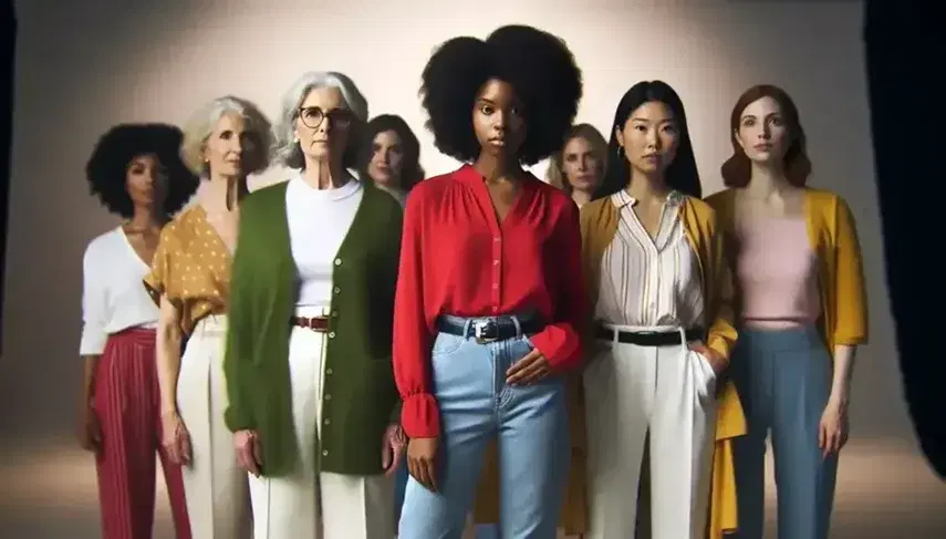 Diverse group of women standing in unity, with an African American in red leading, an elderly Caucasian, and an Asian in a yellow blazer.