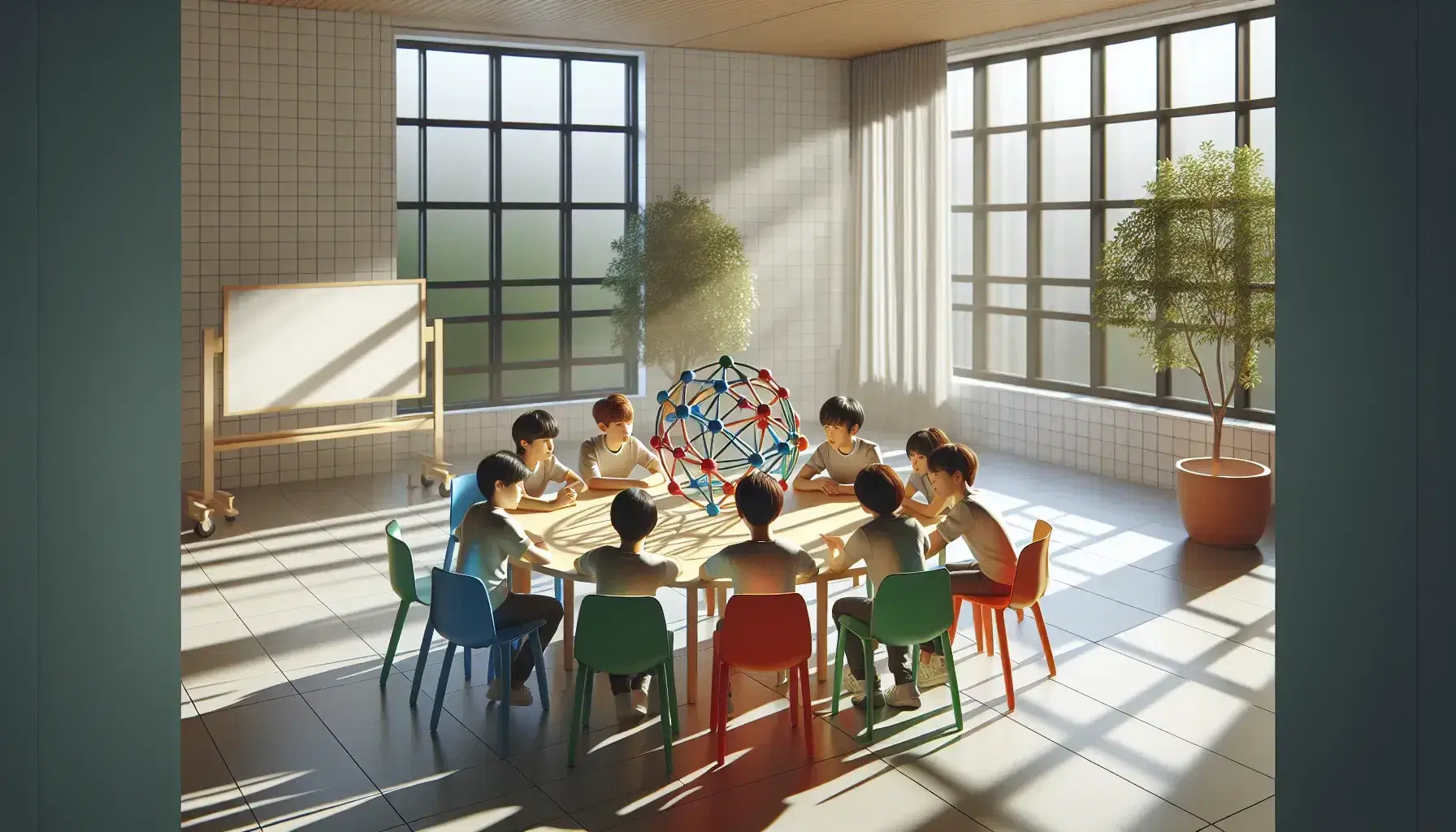 Aula iluminada con luz natural, cinco estudiantes alrededor de una mesa redonda observan modelo geométrico, pizarra al fondo y planta decorativa.