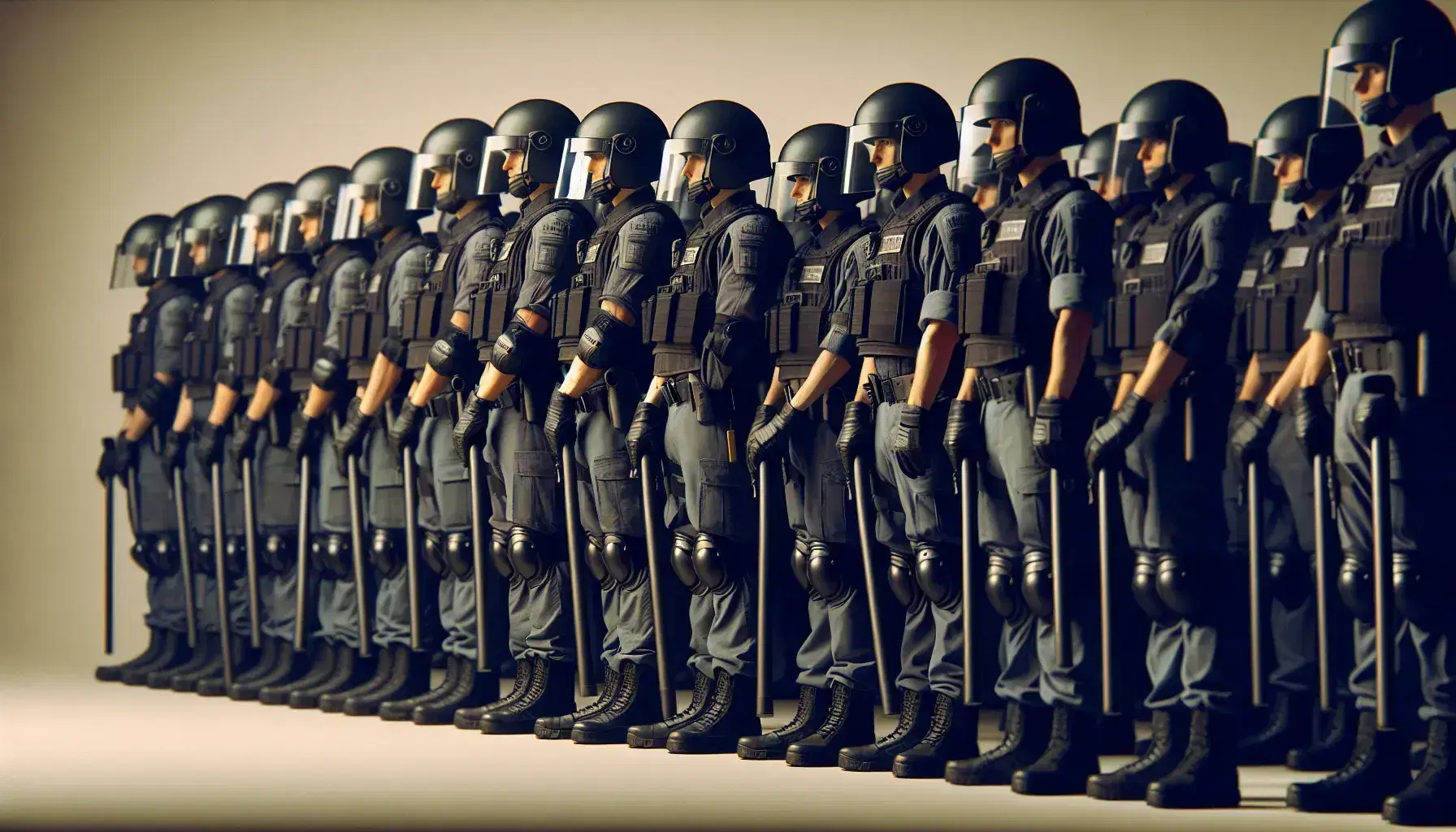 Grupo de figuras uniformadas con cascos y chalecos protectores en línea, sosteniendo objetos alargados negros, posiblemente armas de control de disturbios, en un fondo neutro y desenfocado.